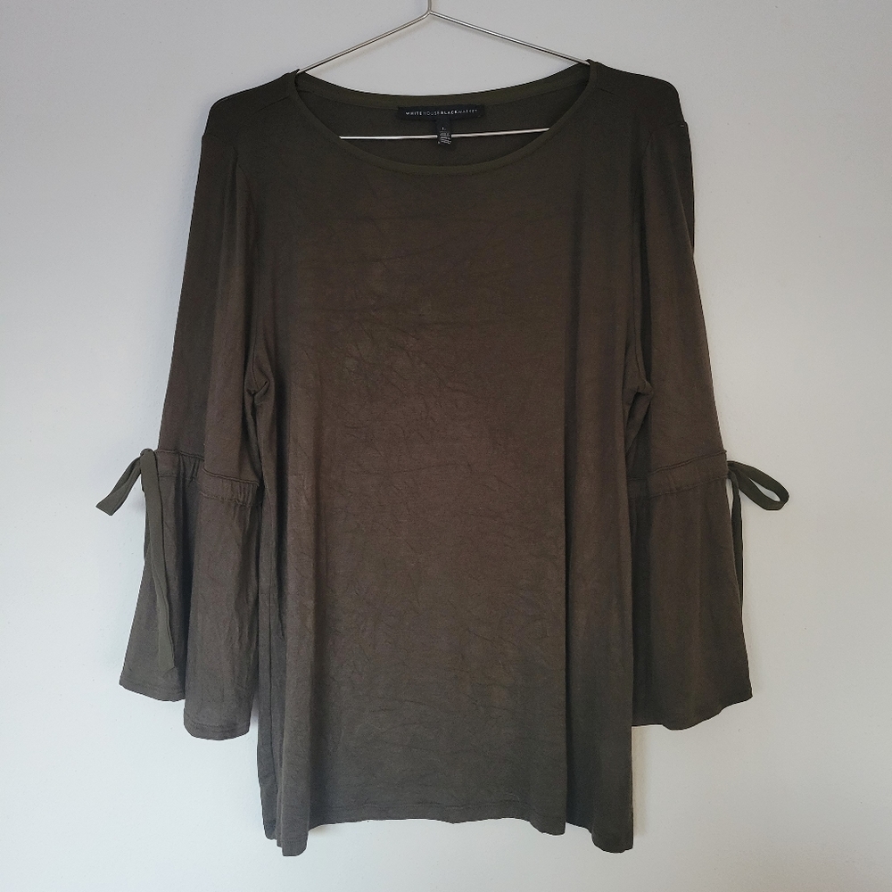 WHBM Olive Jersey Knit Bell-Sleeve Top with Chiffon Ties at Elbows
